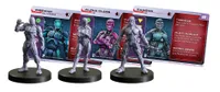 Three cyborg miniatures from Monster Fight Club's "Going Metal" set are displayed on black bases, showcasing their intricate designs. The figures feature a blend of human and robotic elements, with one model in blue armor, another in a sleek pink design, and a third with a muscular, chrome-like appearance. Behind each miniature are Full Body Conversion cards detailing their stats and abilities, emphasizing their tactical advantages in the Cyberpunk Combat Zone game.