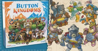 "Button Kingdoms" game box with cartoon animals and characters in armor.