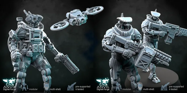 Two futuristic military robots are prominently displayed, each featuring a slim, minimal steel frame with a modernist aesthetic. One robot is holding a heavy assault rifle, while the other is equipped with a drone, showcasing a variety of dynamic poses. The models are designed with modular components and detailed features, set against a dark background that emphasizes their sleek design.