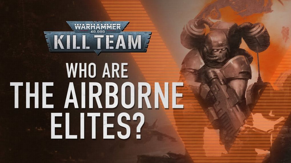 A graphic featuring the Warhammer 40,000 logo for "Kill Team" prominently displayed at the top. Below, bold white text asks, "WHO ARE THE AIRBORNE ELITES?" against a dark, textured background with subtle orange diagonal lines. The overall design conveys a sense of intrigue and anticipation for the upcoming "Kill Team: Hivestorm" release.
