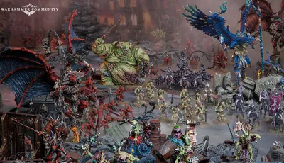 A dynamic scene showcases a variety of Warhammer miniatures representing the forces of Chaos. Prominently featured is a large, green-skinned figure, the Lord of Poxes, wielding a weapon and surrounded by smaller, grotesque Nurgle-themed models. In the foreground, red-armored Khorne warriors and other chaotic entities are depicted, set against a backdrop of ruined structures and a smoky atmosphere, emphasizing the dark and chaotic nature of the 41st millennium.