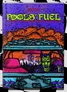 A vibrant and chaotic cover for the "Fool's Fuel" rulebook features a greenskin character with pointed ears and a fierce expression, seated in a vehicle. The background is filled with a surreal landscape of jagged mountains and an orange sky, creating a sense of mayhem. The title "FOOL'S FUEL" is prominently displayed in bold, green lettering, emphasizing the game's theme of vehicular skirmishes and magical chaos.