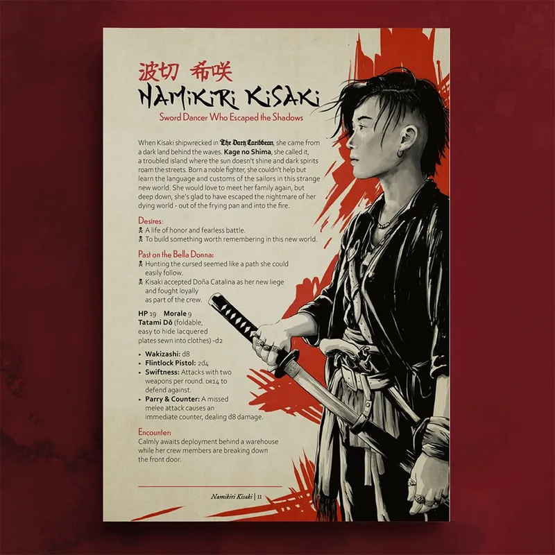 Illustration of Namikiri Kisaki holding a sword, with text "NAMIKIRI KISAKI Sword Dancer Who Escaped the Shadows"