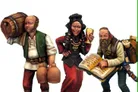 Three detailed miniatures are depicted, representing characters typically found in a fantasy tavern. On the left, a man carries a large barrel and two jugs, wearing a simple tunic and trousers. In the center, a woman in a vibrant red dress holds a goblet and smiles, adorned with jewelry. On the right, a bearded man with a backpack is reading from an open book, dressed in a light shirt and trousers.