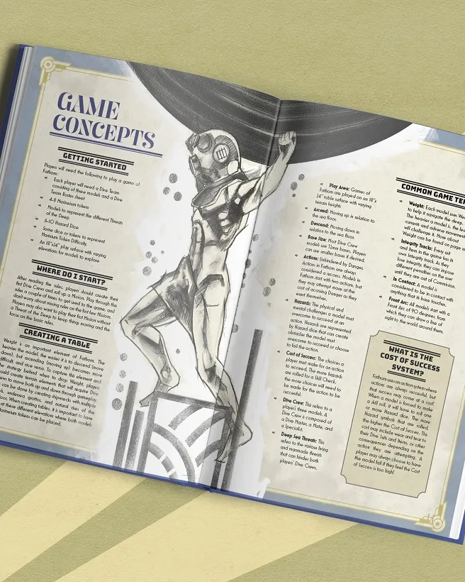 Open book with "GAME CONCEPTS" heading and illustration of a diver in a deep-sea suit.
