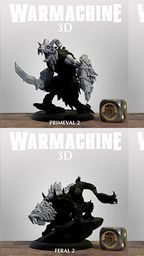 A collection of six 3D models from the Warmachine series is displayed in a grid format. The top row features three Primeval models, each showcasing unique designs with intricate details, including armor and weaponry. The bottom row presents three Feral models, characterized by their beastly forms and dynamic poses, with some featuring wings and distinctive facial features, all set against a simple background.