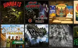 Four tabletop game box covers: Ultimate Horror, Mexico, Wyvern Moor, The Silence Beneath the Silk.