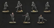 Seven miniatures are displayed against a dark background, showcasing the Imperial Special Forces from Star Wars: Legion. The figures include various troopers in tactical gear, some holding blasters and others in dynamic poses, with details like helmets and insignia visible. The bases are textured with grass, adding to the realistic appearance of the miniatures.