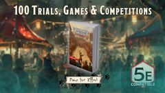 A book titled "100 Trials, Games & Competitions" is prominently displayed in the foreground, featuring a colorful cover illustration depicting a lively competition scene with numerous spectators. The background shows a festive atmosphere with blurred figures and decorations, suggesting a vibrant event. The title and the publisher's name, "Paws for Effect," are artistically integrated into the design, enhancing the overall theme of games and challenges.