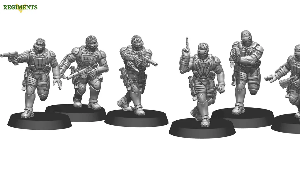 Three sci-fi miniatures are displayed, featuring stealth-suited soldiers in dynamic poses. The figures are equipped with various weapons, including a pistol and an MP7, and wear tactical gear such as body armor and goggles. Each miniature stands on a circular base, showcasing detailed sculpting and design.