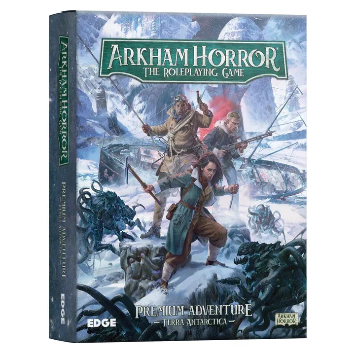 Book cover for "Arkham Horror: The Roleplaying Game." The cover features four people in a snowy, icy landscape resembling Antarctica. The person in the foreground, a woman with long dark hair, is wearing a green tunic, brown pants, and boots. She holds a rifle in one hand and appears to be running or walking briskly.

Behind her, three men are visible. One man wears a brown aviator-style jacket, goggles on his forehead, and holds a revolver. Another man, dressed in a heavy coat and hat, is holding a rifle and appears to be aiming. The third man, partially obscured, is also dressed warmly and holds a rifle.

Several shadowy, tentacled creatures emerge from the snow and ice, appearing to attack or pursue the group. The background shows jagged ice formations and a stormy sky.

At the top of the cover, the title "Arkham Horror: The Roleplaying Game" is displayed in large white and yellow text on a green banner. Below the illustration, the words "Premium Adventure" and "Terra Antarctica" are written in white text. The publisher's logo