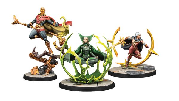 The image features three miniatures from Marvel: Crisis Protocol. On the left, Adam Warlock stands in a dynamic pose, wielding a staff and wearing a red and blue costume with a flowing cape. To the right, Moondragon is depicted seated in a meditative pose, surrounded by a green, swirling energy effect, dressed in a green suit. Both miniatures are mounted on circular bases, with intricate details highlighting their cosmic themes.