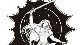 A dynamic black and white illustration features a heroic female figure wielding a sword, poised in an action stance. She has long flowing hair and is adorned in a detailed outfit, with intricate designs visible on her sleeves and waist. The background includes a circular motif filled with stars, surrounded by a jagged, starburst-like outline, enhancing the sense of movement and energy in the scene.