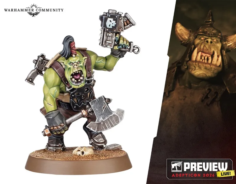 A green-skinned Ork miniature stands confidently, wielding a large axe in one hand and a gun in the other. The Ork has a fierce expression, with a prominent underbite and a mohawk hairstyle, dressed in rugged armor and a utility belt. The base is textured with dirt and a small skull, emphasizing the gritty aesthetic typical of the Warhammer 40,000 universe.