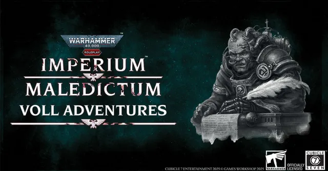 A detailed illustration features a grim-looking character with a stern expression, wearing ornate armor and a large shoulder pad, seated at a desk with a scroll in hand. The background is a dark, textured teal, enhancing the ominous atmosphere. The title "Imperium Maledictum Adventures" is prominently displayed in bold, white lettering, with the Warhammer 40,000 logo positioned at the top left corner.