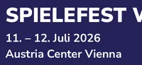 A promotional graphic for Spielefest Wien features bold white text on a deep blue background. The event name "SPIELEFEST WIEN" is prominently displayed at the top, followed by the dates "11. – 12. Juli 2026" and the location "Austria Center Vienna." The design includes dynamic lines on the right side, adding a modern touch to the overall layout.