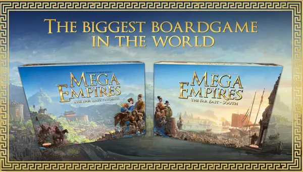 Two game boxes for "Mega Empires: The Far East - North" and "Mega Empires: The Far East - South" are displayed prominently against a scenic backdrop featuring landscapes and structures reminiscent of East Asia. The text "THE BIGGEST BOARDGAME IN THE WORLD" is boldly featured above the boxes, emphasizing the scale of the game. The overall design incorporates a decorative border, enhancing the visual appeal of the presentation.