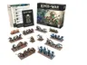 A display of the "Claws in the Sand" 2-Player Starter Set for Kings of War features a variety of miniatures and game components. The set includes two distinct armies: one with orange and brown figures, and another with blue and grey figures, arranged on bases. In the background, the box for the starter set is visible, showcasing artwork of warriors in battle, along with rulebooks and army lists laid out beside it.