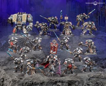 A detailed display of Black Templar miniatures showcases a variety of armored figures in silver and black, set against a dark, rocky backdrop. Prominent in the scene is a Venerable Dreadnought on the left, flanked by a mix of characters including the Emperor’s Champion, Bladeguard Veterans, and Sword Brethren, all wielding swords and other weapons. The figures are intricately painted, with some holding banners and others poised for battle, creating a dynamic and imposing presence.