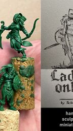 A hand holding several green, unpainted miniatures stands atop cork bases, showcasing a variety of female fantasy characters, including warriors and rogues. Each figure is intricately detailed, with distinct poses and weapons, such as swords and bows. To the right, a sketch of a female warrior is displayed, accompanied by the text "Ladies Only" and "hand sculpted miniatures" at the bottom.