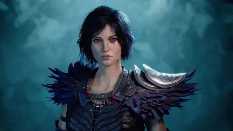 Woman with short dark hair, wearing armor with black feathered shoulder guards.