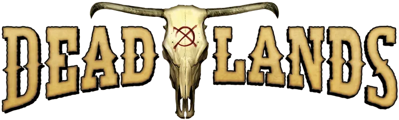 A stylized graphic features a cow skull with prominent horns, centered in the design. The skull has a red symbol marked on it, and the word "DEAD" is displayed in bold, western-style lettering to the left, while "LAND" is similarly styled to the right, creating the full title "DEAD LANDS." The background is a muted brown, enhancing the rustic, western theme of the image.