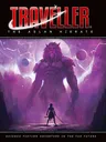 Traveller: The Aslan Hierate, large lion-like figure, small figure with sword, purple space backdrop