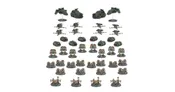 A detailed arrangement of miniatures from the Warhammer 40,000 universe, featuring a variety of units in a cohesive green and metallic color scheme. The collection includes several vehicles, such as tanks and gunships, alongside multiple infantry models, including Dreadnoughts and Terminators, all displayed on circular bases. The layout showcases the diverse components of a Saturnine Battle Group, emphasizing the intricate designs and details characteristic of Games Workshop miniatures.