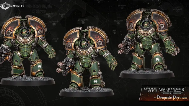 Two imposing Space Marine dreadnoughts stand side by side, showcasing intricate details and a striking green armor adorned with gold accents. Each dreadnought is equipped with a powerful weapon in one hand, featuring a fiery muzzle, while their other arms are armored and decorated with the iconic Aquila symbol. The backdrop is a dark, textured surface with faint maps and symbols, enhancing the dramatic presentation of these new miniatures.
