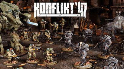 A dynamic scene from Konflikt '47 features a variety of detailed miniatures set in a war-torn environment. In the foreground, U.S. Airborne soldiers in green uniforms wield weapons, while Axis soldiers in heavy armor and distinctive designs stand ready for battle. The backdrop includes ruined structures and scattered debris, enhancing the atmosphere of this alternate history conflict. The title "KONFLIKT '47" is prominently displayed at the top.