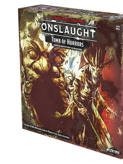 A box for the "Dungeons & Dragons Onslaught: Tomb of Horrors - Maps & Monsters Expansion" features dramatic artwork depicting a menacing demilich and various monstrous figures. The box is predominantly dark with splashes of color, showcasing intricate details of the characters and elements from the dungeon. The title "ONSLAUGHT" is prominently displayed at the top, along with the subtitle and branding for Wizkids.