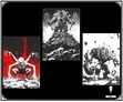Three black-and-white monster illustrations with red accents, MCDM logo at bottom right.