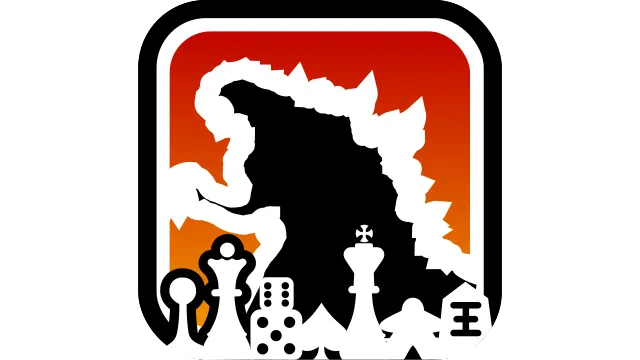 A silhouette of Godzilla standing behind chess pieces and dice from various games