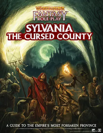Warhammer Fantasy Roleplay: Sylvania The Cursed County, two figures with torches and undead in a dark forest.