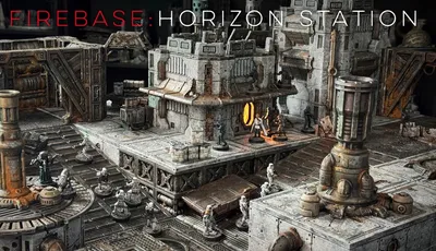 A detailed modular sci-fi terrain setup features various structures, including a large building with a glowing orange window and intricate textures, set against a backdrop of industrial elements. Several miniature figures are positioned throughout the scene, suggesting a skirmish or exploration scenario. The terrain is designed for tabletop gaming, showcasing a mix of crates, pipes, and machinery, all rendered in a weathered, metallic color palette.