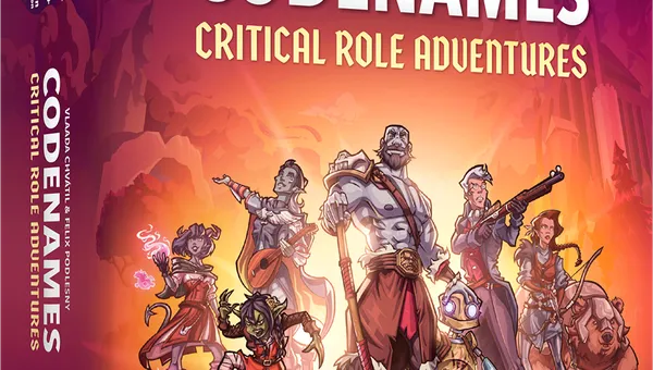 The box cover for "Codenames: Critical Role Adventures" features a vibrant illustration of several iconic characters from the Critical Role universe. In the foreground, a diverse group of adventurers is depicted, including a large, muscular character wielding a weapon, a spellcaster with glowing hands, and a character holding a lute. The background showcases a colorful sunset with silhouettes of trees and mountains, while the title "Codenames: Critical Role Adventures" is prominently displayed at the top in bold, stylized lettering.