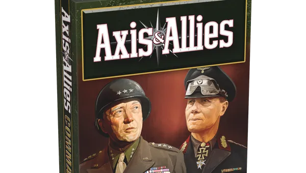 A box for "Axis & Allies: Commanders" features a striking illustration of two historical military leaders. On the left, a U.S. General in a uniform adorned with medals and a helmet, and on the right, a German Field Marshal in a dark uniform with distinctive insignia. The title "Axis & Allies" is prominently displayed at the top, with "COMMANDERS" in bold gold letters at the bottom, and a small age recommendation of "14+" in the lower corner. The background is a gradient of warm colors, enhancing the dramatic presentation.