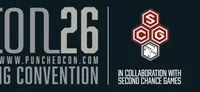 PunchedCON26 is a board gaming convention focused on war and strategy games, taking place this May. The event features a sleek logo with the text "PunchedCON26" prominently displayed, alongside the website URL and the collaboration with Second Chance Games, indicated by their logo featuring dice. Attendees can enjoy a wide variety of games, with a ticket price of £45 for the weekend, which includes entry into a prize draw.