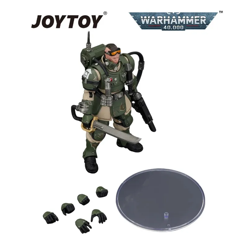 Green-armored action figure with sword, gun, and extra hands, JOYTOY and Warhammer 40,000 logos.