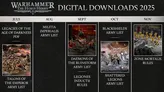 A timeline graphic outlines upcoming digital downloads for the Horus Heresy, featuring four months of planned releases. Each month highlights specific army lists, including the Imperialis Militia, Daemons of the Ruinstorm, Blackshields, and Shattered Legions, accompanied by images of miniatures representing these factions. The background is dark with intricate designs, emphasizing the thematic elements of the Warhammer universe.