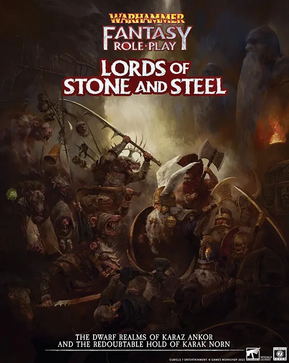 A dramatic illustration features a chaotic scene with Dwarfs and Skaven engaged in battle, showcasing the conflict in the Hold of Karak Norn. Prominent Dwarven figures wield axes and shields, while Skaven scurry around, brandishing weapons and appearing menacing. The background is filled with dark, rocky textures and hints of fire, emphasizing the intensity of the struggle, with the title "Lords of Stone and Steel" prominently displayed at the top.