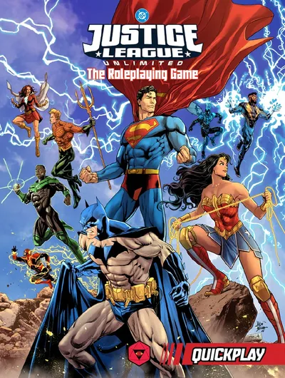 A dynamic illustration features iconic superheroes from the DC Universe, including Superman, Batman, Wonder Woman, and others, posed heroically against a backdrop of swirling lightning. Superman stands prominently in the center, flanked by Wonder Woman and Batman, while additional heroes like Green Lantern and Flash are depicted in action poses around them. The title "Justice League Unlimited: The Roleplaying Game" is displayed at the top, emphasizing the game's focus on teamwork and heroism.