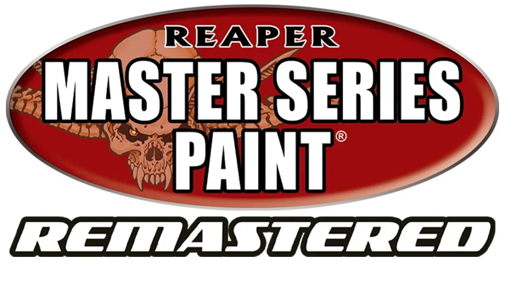 A bold logo features the text "REAPER MASTER SERIES PAINT" prominently displayed in large, white letters against a red oval background. Above the text, a stylized skull with horns adds a striking visual element, enhancing the theme of fantasy and adventure. Below, the word "REMASTERED" is presented in a sleek, modern font, emphasizing the updated nature of the paint line.