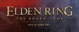 The image features the title "ELDEN RING: THE BOARD GAME" prominently displayed in a bold, metallic font, with the subtitle "ROT & SORCERY" beneath it. The background transitions from deep red to dark purple, evoking a sense of mystery and decay, while subtle textures suggest a fantastical landscape. The overall design reflects the themes of the Elden Ring universe, hinting at adventure and exploration.