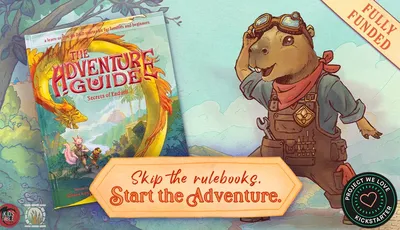 Illustrated book cover for *The Adventure Guide: Secrets of Enduril*. A large, stylized red dragon with yellow and orange scales coils around the left side, its head near the top. Behind the dragon, a tropical shoreline with palm trees and mountains is visible. On the right, a cartoonish humanoid badger wearing aviator goggles, a red scarf, and a brown leather vest stands on a stone pillar, holding a rolled-up map. A parchment banner at the bottom reads: "Skip the rulebooks. Start the Adventure." The book’s title, *The Adventure Guide*, appears in large, bold red letters along the dragon’s body, with "Secrets of Enduril" in smaller white text below. At the top left, smaller text reads: "D&D Starter Kit for families and beginners."
