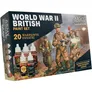 A paint set titled "World War II British" features 20 bottles of Army Painter's Fanatic acrylic paints, prominently displayed on the packaging. The background showcases a dynamic illustration of British soldiers in action, equipped with rifles and wearing period-appropriate uniforms. The packaging emphasizes "AUTHENTIC COLOURS FROM HISTORICAL SOURCES" and highlights the quality of the paints with descriptors like "easy to use" and "high-quality."
