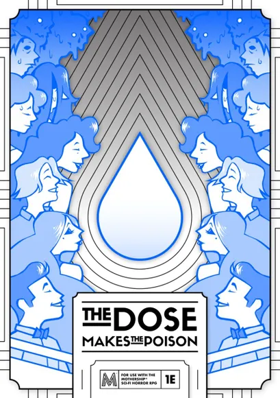 A stylized illustration with a repeating pattern of blue and white silhouettes of people with voluminous hair, arranged in a circular formation. In the center, there is a large, outlined teardrop shape. Below the teardrop, the text "THE DOSE" is visible, followed by "MAKES THE" in smaller font. The background features geometric, art deco-inspired patterns.