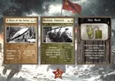 Three cards from the Warfighter WWII Eastern Front card game. From left to right:

1. "Off the Action" card with a black-and-white image of a large artillery gun and crew. Text reads: "Europe", "Ent 0", "You may only play Structure cards.", and numerical values "40", "8", "#4", "0".

2. "Mission Control" card with a black-and-white image of several men in a control room. Text reads: "Rein: None", "Europe", "Ent 2", "OBJECTIVE", "Structure: +1 Location card. Controls (Pick -2). Success:: Launch averted.", and a table with columns "Hostiles" and corresponding numbers: "29-: 1", "30-49: 2", "50-74: 3", "75-99: 5", "100-124: 8", "125+: 11". The card has the identifier "EF6-11".

3. "Gas Mask" card with an image of a gas mask and filter.