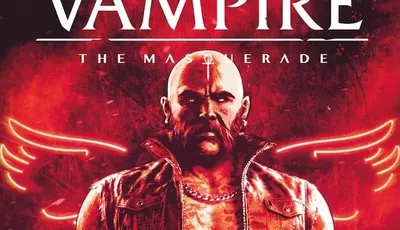 Bald man in leather vest, glowing red wings behind, text "VAMPIRE THE MASQUERADE" above.