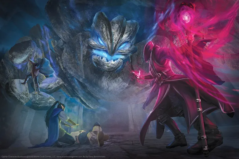 A cloaked figure with glowing pink energy faces a large blue-eyed creature in a dark cave.